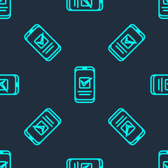 Green line Smartphone, mobile phone icon isolated seamless pattern on blue background. Vector.