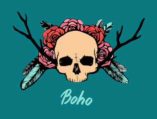 Colorful vector hand drawn illustration. Artwork with skull, flowers, wings. Alchemy, religion, spirituality, occultism, tattoo art. Template for postcard, banner, poster, print for t-shirt