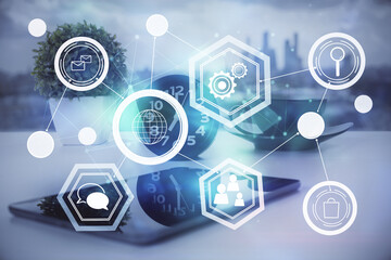 Double exposure of social network theme drawing and cell phone background. Concept of people connection over the world