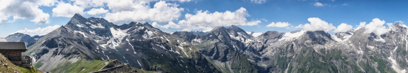 Panoramic view of Hohe Tauern Mountain range in Grossglockner viewpoint Edelweissspitze in Austria