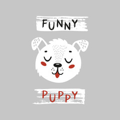 Funny Puppy Head for Tee Print Design for Kids. Cute White Dog Face. Vector Cartoon Little Baby Animal. Scandinavian Card, Print or Poster Design
