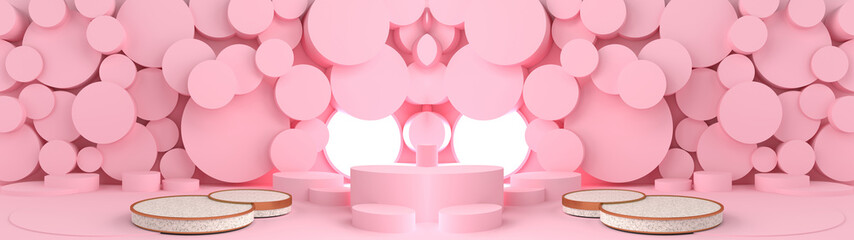 3D rendering of Pattern and Round marble Pedestal and rhythm of circular concrete blocks pastel Pink color. Empty space concrete room with the gap and glowing light. Pastel background. illustration.
