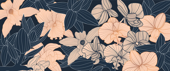 Luxury elegant orchids floral line arts pattern and black background. Topical flower wallpaper design, Fabric, surface design. Vector illustration.