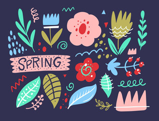 Colorful vector design elements in a spring theme along with the word 