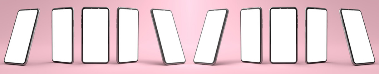 3D rendering of mockups Smartphones white screen on pink floor, Mobile phone lay down on the ground. Smartphones white screen can be used for commercial advertising, Isolated on pink background.