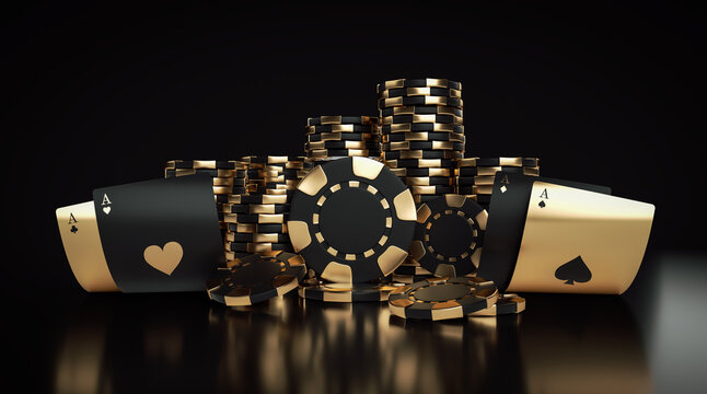 Playing Cards And Black And Golden Casino Chips Isolated On The Black Background - 3D 