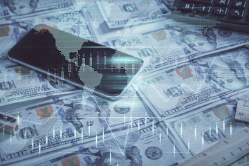 Double exposure of forex graph drawing over us dollars bill background. Concept of financial markets.