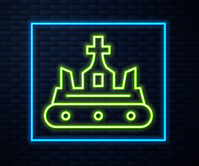 Glowing neon line British crown icon isolated on brick wall background. Vector.