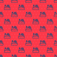 Blue line Cargo ship with boxes delivery service icon isolated seamless pattern on red background. Delivery, transportation. Freighter with parcels, boxes, goods. Vector.