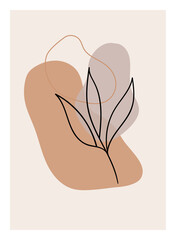 Boho wall art. Minimal vector picture with foliage and abstract organic shapes