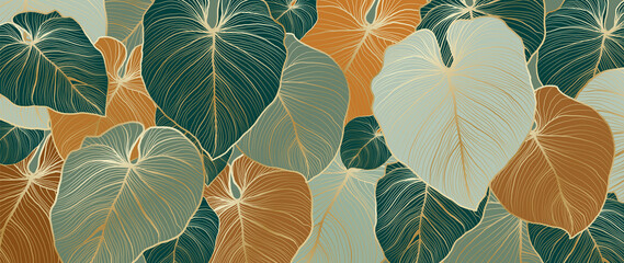 Luxury nature leaves background vector. Floral pattern, Tropical leaf with line arts, jungle plants, Exotic pattern with palm leaves. Vector illustration. - obrazy, fototapety, plakaty