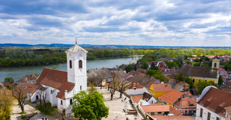 Fototapeta premium Szentendre, aerial view in summer. Hungarian beautiful city next to the Danube River. 