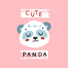 Cute Panda Face. Funny Panda Bear Head for Tee Print Design for Kids. Chinese or Bamboo Bear. Vector Cartoon Little Baby Animal. Scandinavian Card, Print or Poster Design
