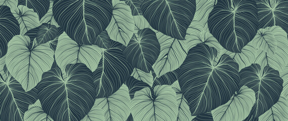 Luxury nature leaves background vector. Floral pattern, Tropical leaf with line arts, jungle plants, Exotic pattern with palm leaves. Vector illustration. - obrazy, fototapety, plakaty