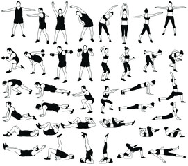 Vector icons of man and woman in costume doing fitness, sport and yoga workout isolated on white background.  Silhouettes of sportive boy and girl practicing exercises in different positions.