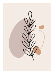 Boho wall art. Minimal vector illustration with plant and abstract organic shapes. Trendy botanical picture