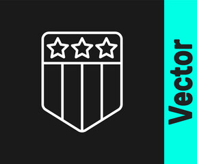 White line Shield with stars and stripes icon isolated on black background. United States of America country flag. 4th of July. USA Independence day. Vector.