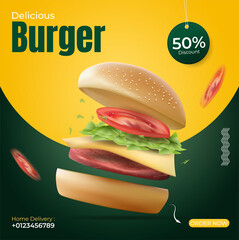 burger or food ads banner social media post. vector illustration with realistic burger. 