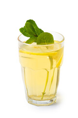 lemon refreshing drink with a sprig of mint isolated on white background