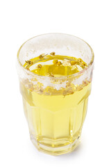 glass cup of chamomile tea with chamomile flowers isolated on white background