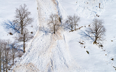 Avalanche in winter in the Valle del Miera in the Valles Pasiegos de Cantabria. Spain.Europe