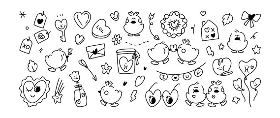 Fototapeta na wymiar Cute valentines day doodle vector set. Hand drawn fashion elements for kids. Love and animal , Labels, gift box , heart, arrow, wings, flowers set, cute cat, women, start, plant vector illustration.