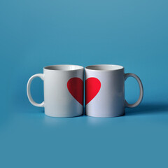 Two white mugs with red hearts. Valentine's Day greeting card.