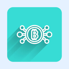 White line Cryptocurrency bitcoin in circle with microchip circuit icon isolated with long shadow. Blockchain technology, digital money market. Green square button. Vector.