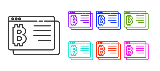 Black line Cryptocurrency coin Bitcoin icon isolated on white background. Physical bit coin. Blockchain based secure crypto currency. Set icons colorful. Vector.
