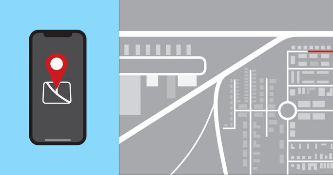 Animation of the GPS navigation, tracking with phone, moving location pin, street. Idea for finding location, maps, position. 