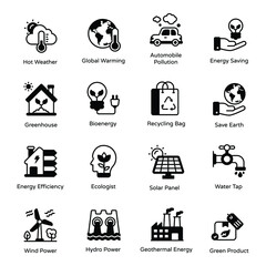 
Pack of Global Warming and Energy Saving Glyph Icons 

