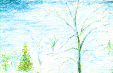 Light coloring wintrer trees sketch in colored pencils. Hand drawn illustration