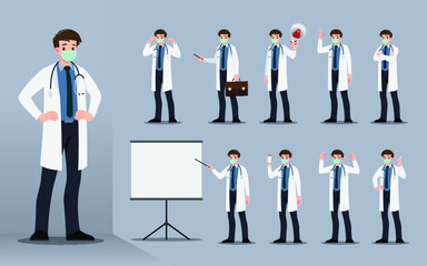Flat design concept of the doctor with different poses such as explaining and presenting process gestures, actions and poses. Vector cartoon character design set.