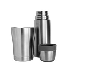 Vacuum flask or Thermos mug stainless steel isolated on white background with copy space, Containers for hot coffee and beverage.