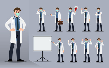 Flat design concept of the doctor with different poses such as explaining and presenting process gestures, actions and poses. Vector cartoon character design set.