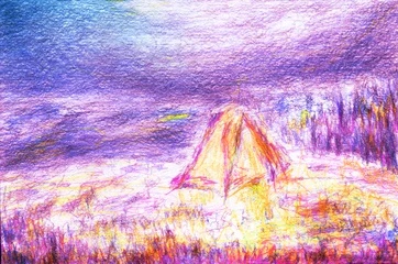 Fototapeten Lila A night in a tent in the mountains sketch in colored pencils. Hand drawn travel illustration  © Crimson Beats