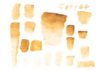 Set liquid of Coffee brown hand drawing practice isolated white background watercolor, Abstract Art to brush Design horizontal. Texture with Noise Film Grain details.