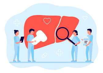 Liver healthcare, Hepatitis World Day. Concept of liver disease, cirrhosis, cancer awareness, medical treatment. Doctors doing medical research, examination, check health. Vector illustration