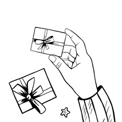 Gift wrap in the hands of a girl, top view. Flat lay on white background, Woman gives a present - web banner with copy space. Vector