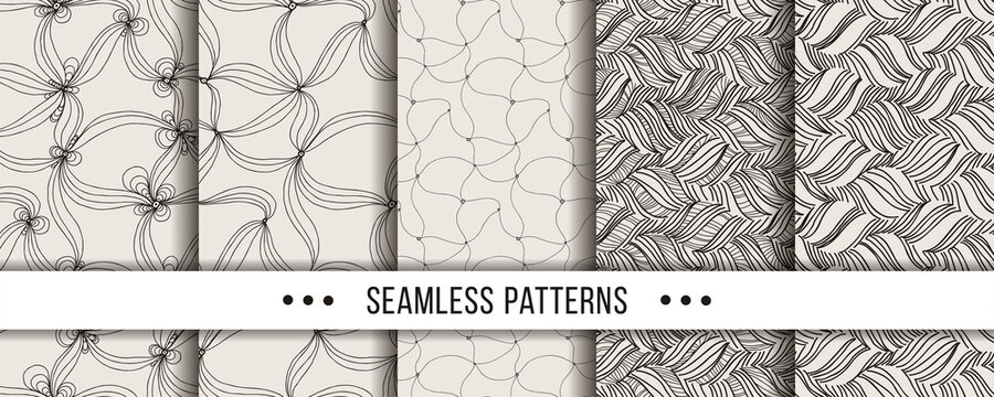 Set of strict, minimalistic seamless patterns. Collection for coloring pages, tectile prints, decor, design. Vector illustrations