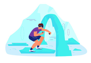 VR Workout And Gaming Concept Vector Illustration. Man In VR Headset On Ice Floe Crossing Ice Gates. Game Reality Emulating Arctic Landscape.
