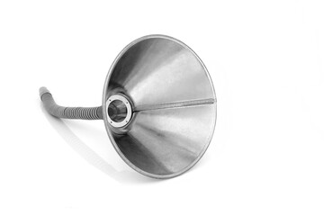 Flexible galvanized metal funnel used to funnel oil or any liquid. On white background with copy space.