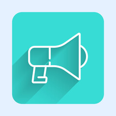 White line Megaphone icon isolated with long shadow. Speaker sign. Green square button. Vector.