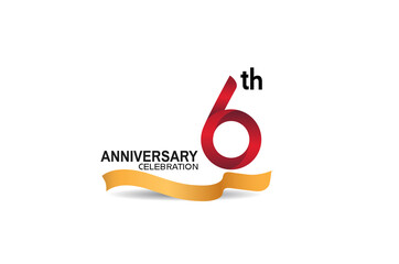6 anniversary design logotype red color and golden ribbon for celebration isolated on white background can be use for invitation, greeting card, and special event
