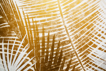 Gray and yellow. Tropical leaves on a divided abstract background.