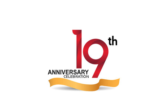 19 anniversary design logotype red color and golden ribbon for celebration isolated on white background can be use for invitation, greeting card, and special event