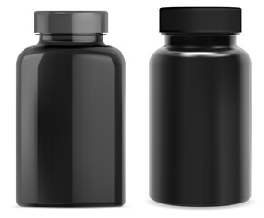 Supplement pill bottle. Black plastic vitamin jar isolated on white background. TAblet capsule container template blank. Pharmaceutical package blank. Sport supplement bottle. Drug remedy