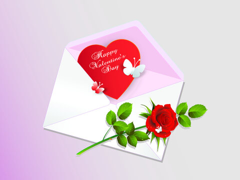 Valentine's day banner or greeting card with imitation of paper cut heart in a mail envelope, butterflies and red rose nearby. Vector illustration. 