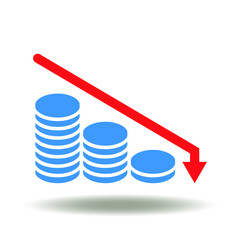 Coins stack fall chart vector icon. Financial down symbol. Business Money Loss Logo. Recession illustration.