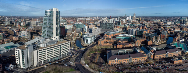 Fototapeta na wymiar Leeds City Centre aerial photograph looking towards Bridgewater Place showing offices, apartments, train station, hotels, retail and financial buildings in West Yorkshire
